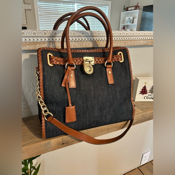 Other - MK Hamilton tote bag in blue denim with cognac leather trim and gold hardware